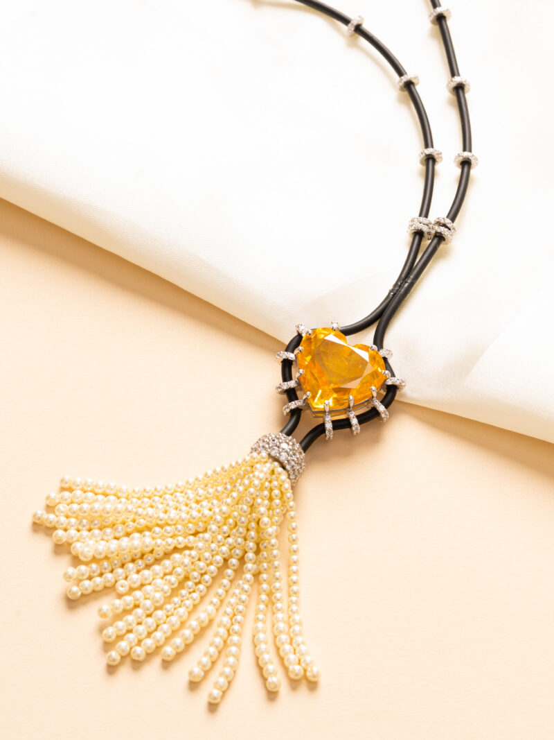 Yellow Stone & Pearl Tassel Necklace