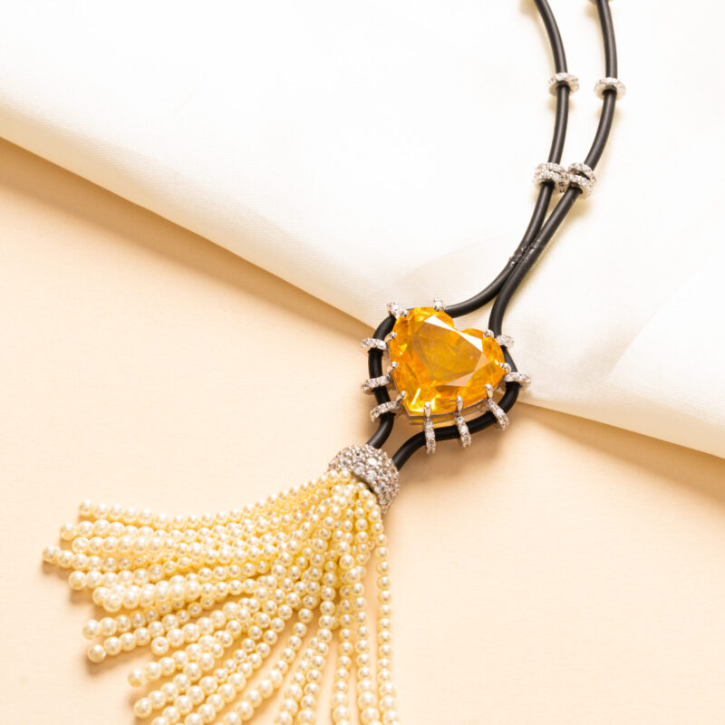 Yellow Stone & Pearl Tassel Necklace